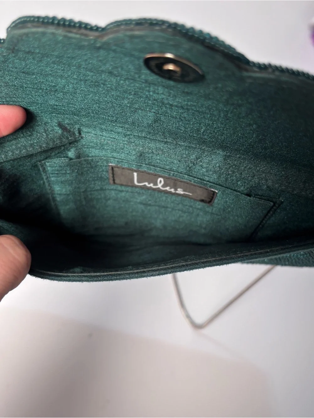 Lulus Beaded Emerald Evening Clutch with Silver Chain Strap